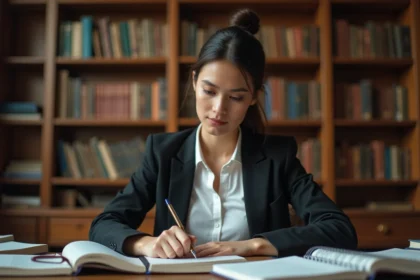 Étudiante en économie prenant des notes manuscrites sur la dotation factorielle dans une bibliothèque universitaire