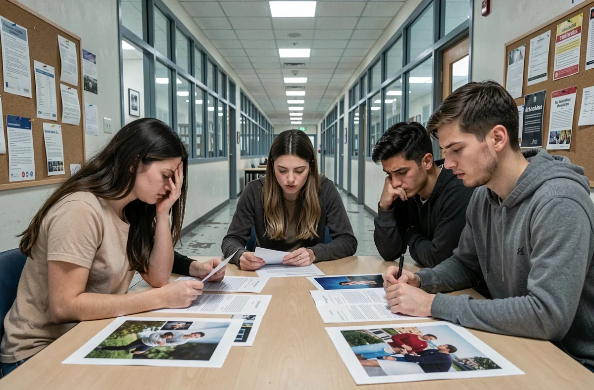 Groupe d'étudiants en école d'art comparant diplômes et portfolios dans un couloir, symbolisant le questionnement sur la valeur des études artistiques