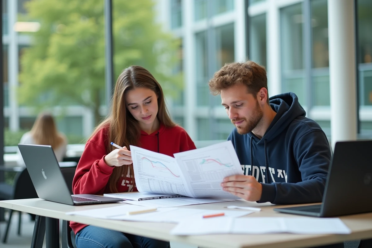 Deux étudiants révisant ensemble la mobilisation de la dotation factorielle pour un concours d'économie