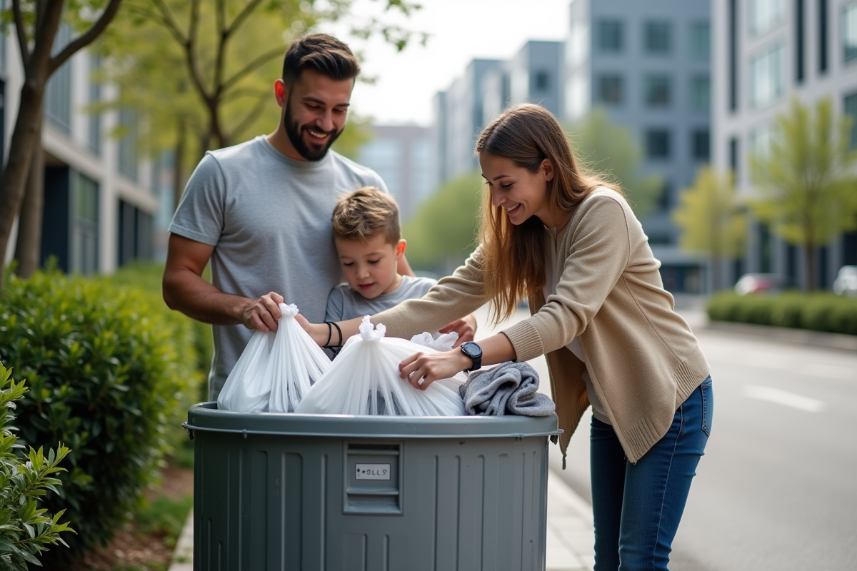 Famille chargeant des sacs de vêtements donnés dans un conteneur urbain