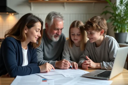 Famille réunie autour d'une table pour s'entraîner ensemble aux 100 questions de l'entretien de naturalisation avec un document PDF imprimé