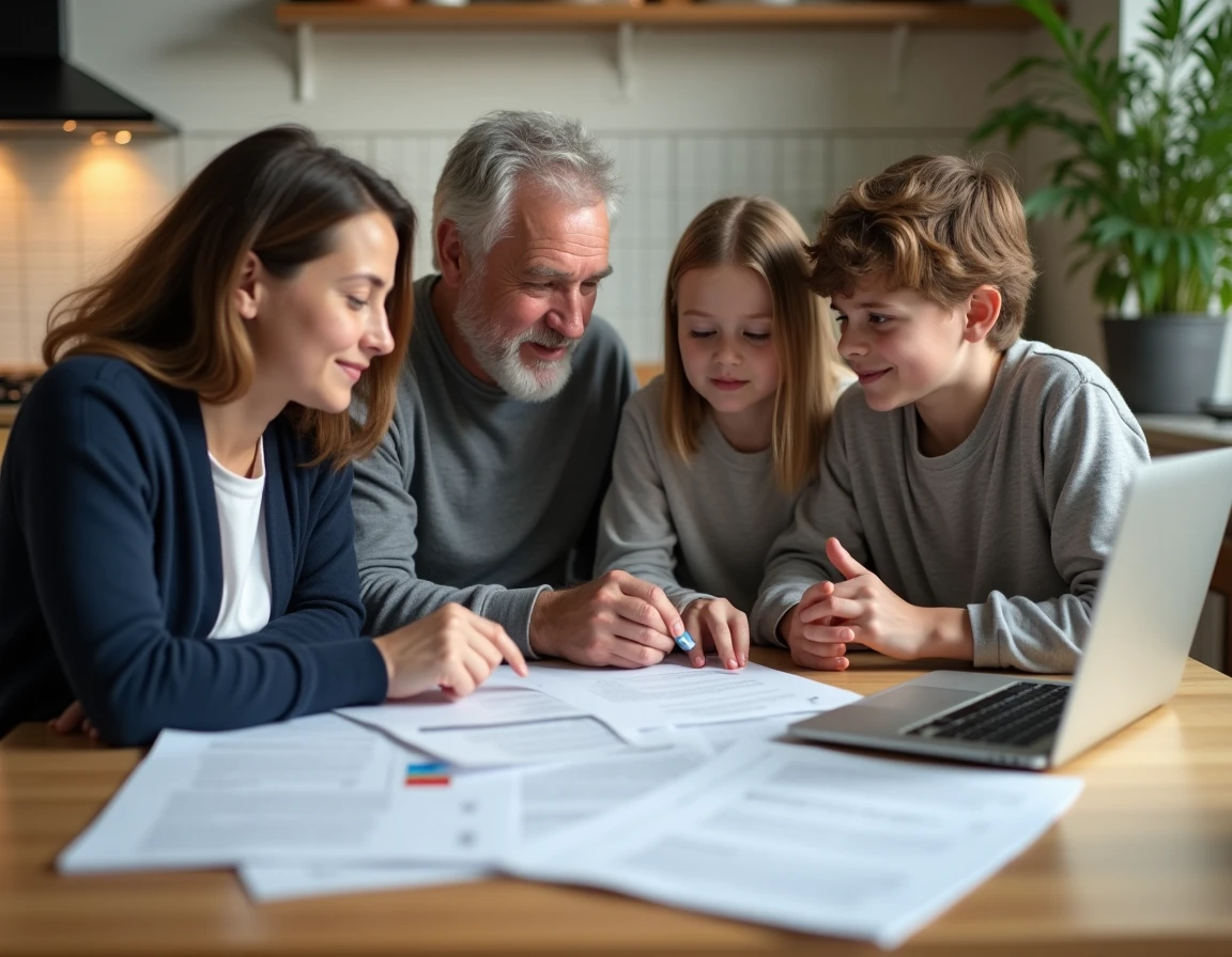 Famille réunie autour d'une table pour s'entraîner ensemble aux 100 questions de l'entretien de naturalisation avec un document PDF imprimé