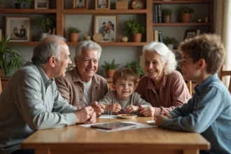 Famille multigeneration autour d'une table en intérieur chaleureuse