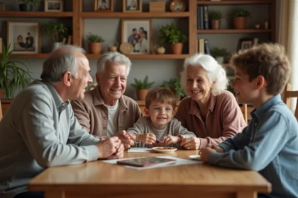 Famille multigeneration autour d'une table en intérieur chaleureuse