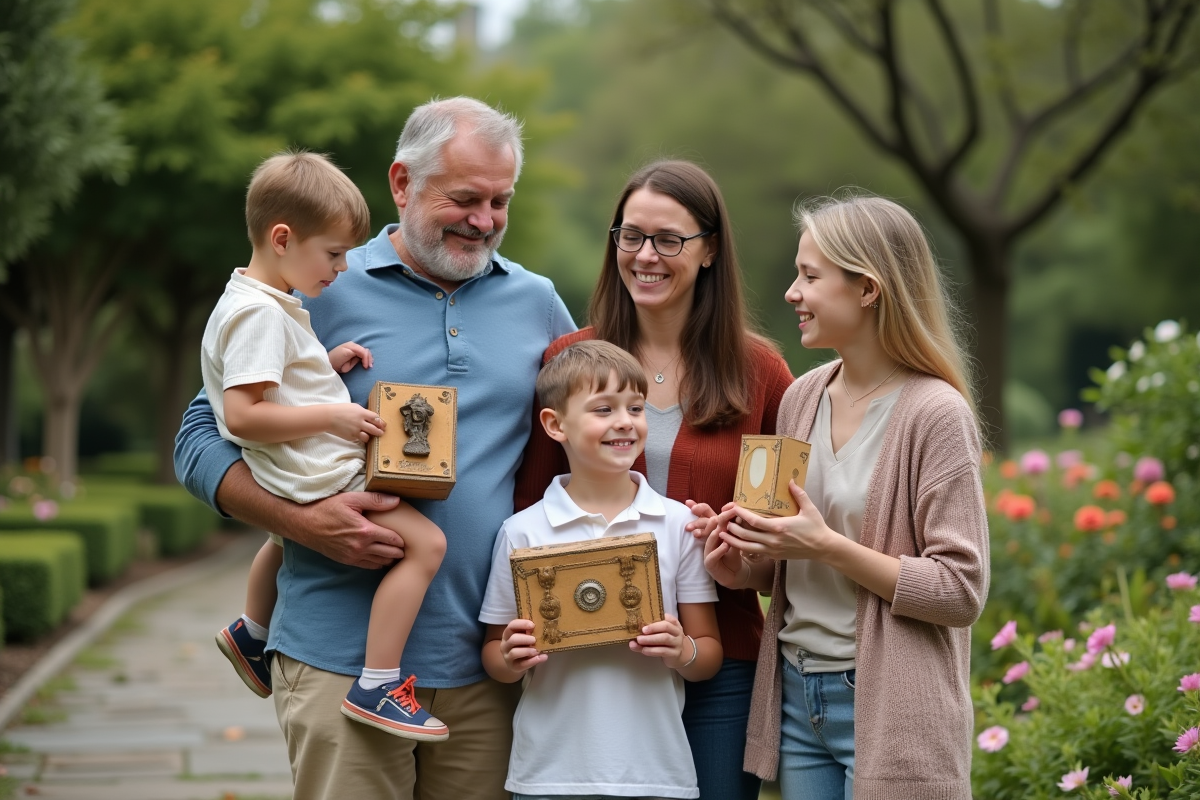 Famille dans un jardin avec objets de famille et tradition