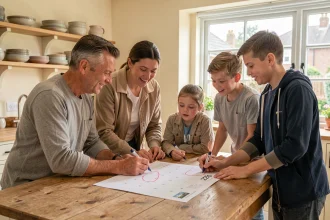 Famille française planifiant les vacances scolaires 2026 autour d'un calendrier imprimé sur une table en bois