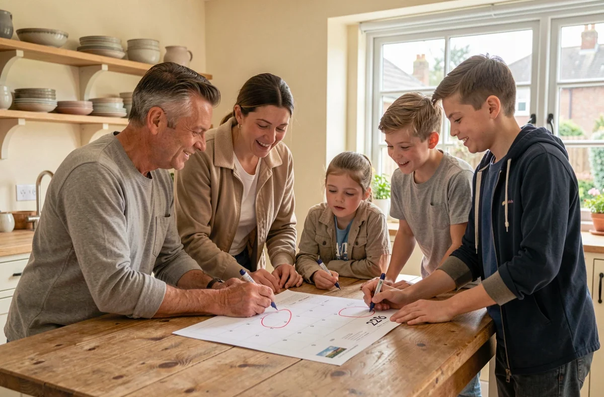 Famille française planifiant les vacances scolaires 2026 autour d'un calendrier imprimé sur une table en bois