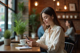 Jeune femme utilisant une application de rencontre dans un café pour organiser une soirée spontanée
