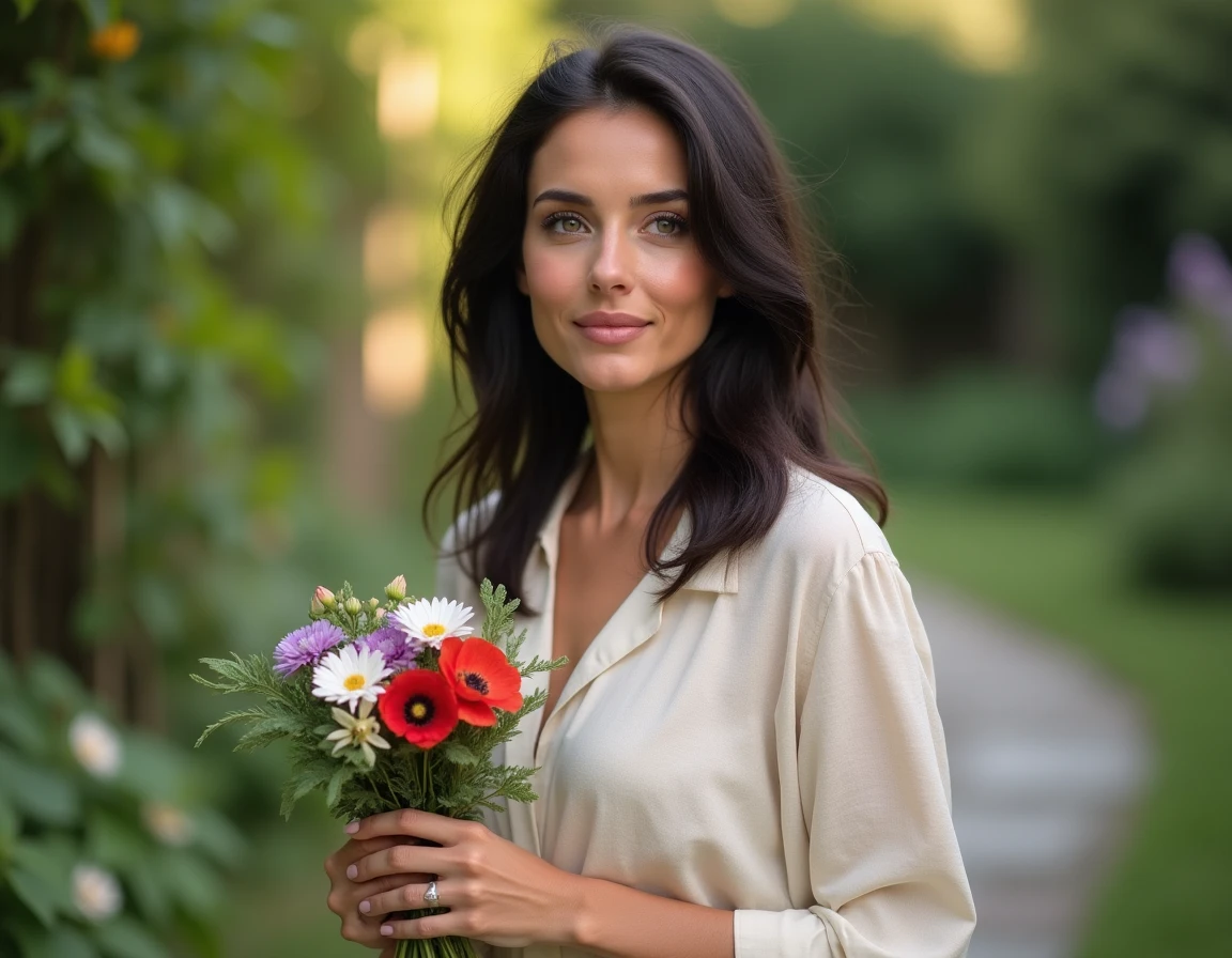 Femme tenant un bouquet de coquelicots de différentes couleurs symbolisant la mémoire et la paix dans un jardin