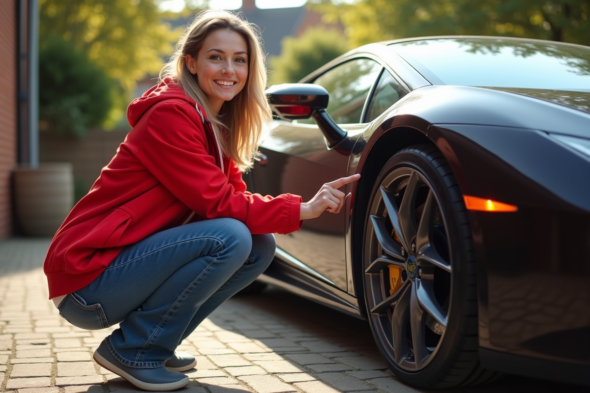 Femme souriante vérifie disques de frein sur une voiture sportive extérieure