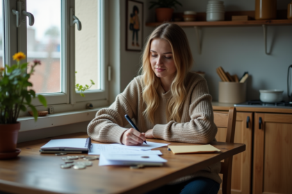 Jeune femme écrivant un budget dans une cuisine modeste