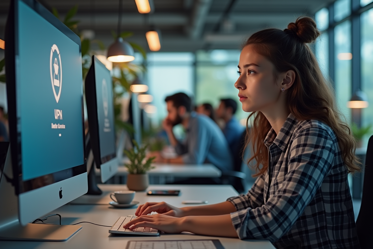Femme regardant un écran avec alerte firewall au bureau