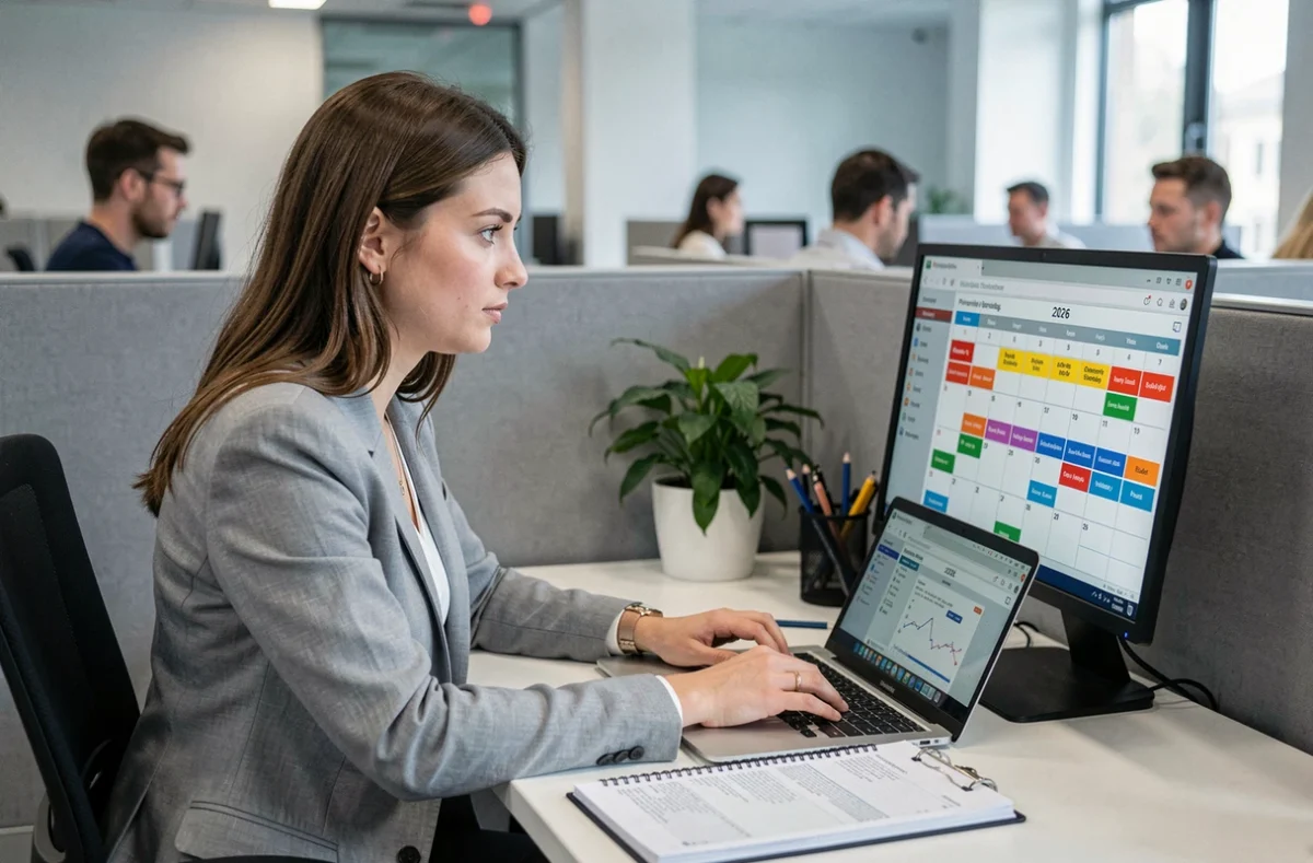 Femme professionnelle consultant un calendrier numérique des semaines paires et ponts 2026 au bureau