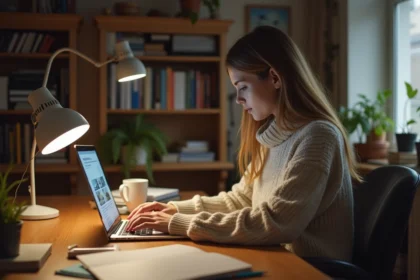Femme travaillant sur un ordinateur dans un bureau à domicile