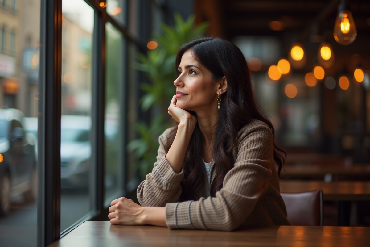 Femme pensante assise au café près de la fenêtre