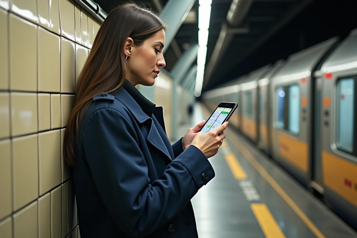 Femme consultant une carte interactive du RER Île-de-France sur smartphone dans une station souterraine parisienne