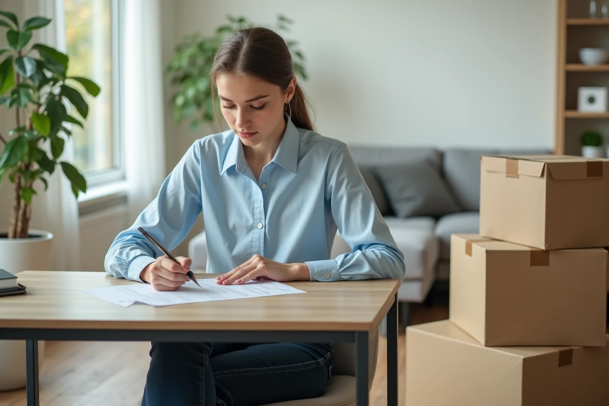Jeune femme remplissant un formulaire de changement d'adresse dans un salon lumineux