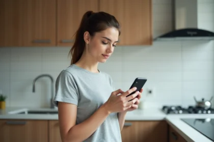 Jeune femme consultant son numéro Lyca Mobile sur son smartphone dans une cuisine moderne