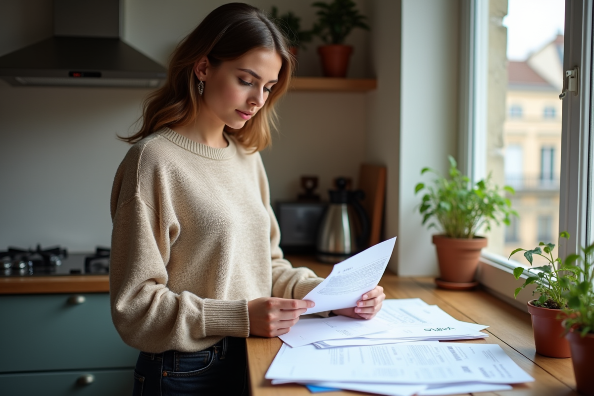 Jeune femme française examinant des papiers dans sa cuisine