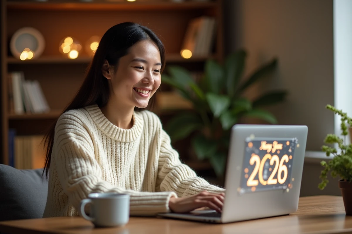 Femme créant une carte de vœux Bonne Année 2026 personnalisée sur un ordinateur portable dans un bureau à domicile décoré