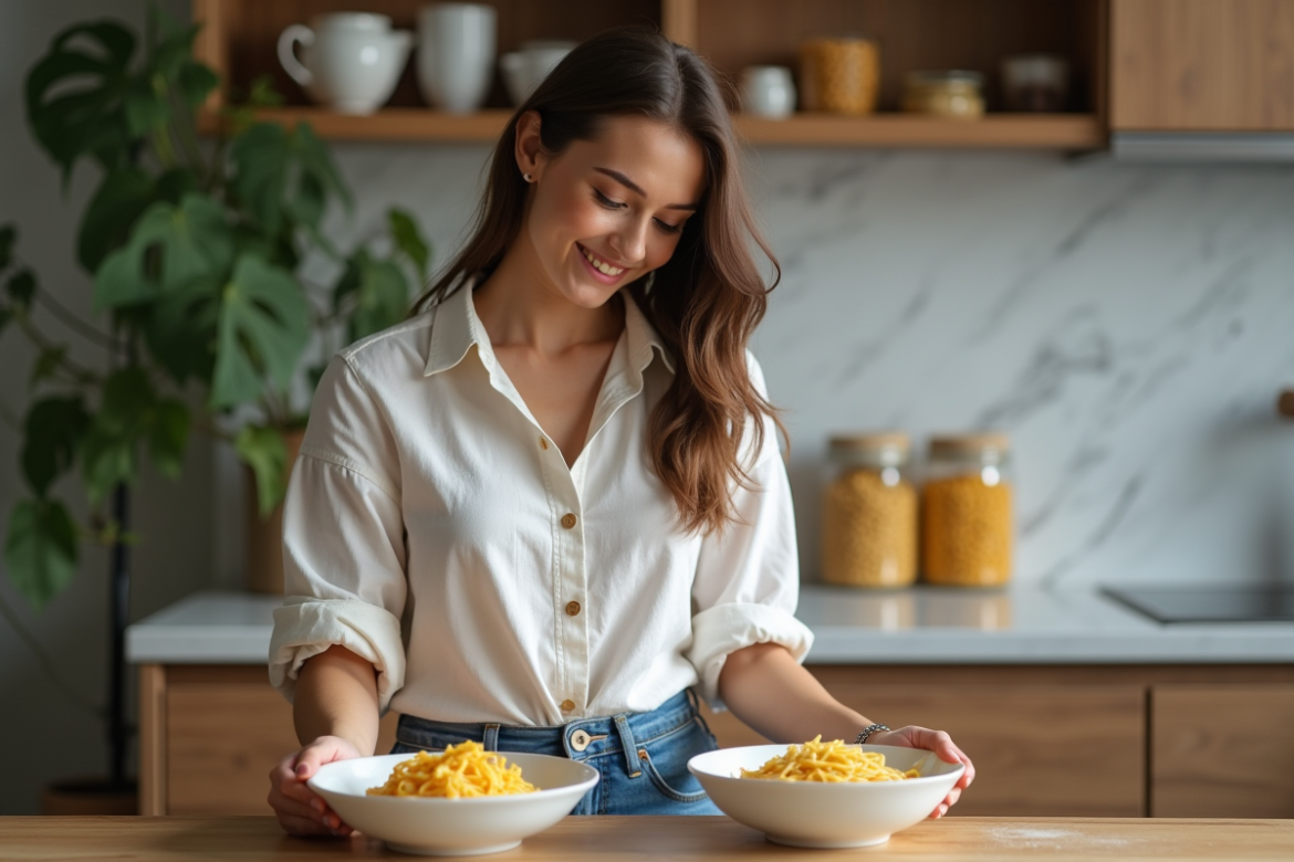 Jeune femme souriante compare deux bols de pâtes dans la cuisine