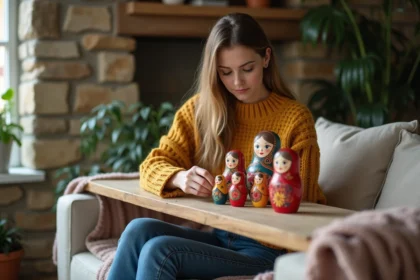 Femme arrangeant poupées russes colorées dans un salon chaleureux