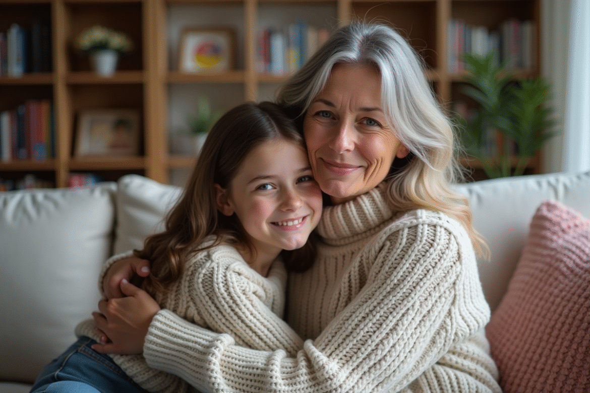 Femme et fille se font un câlin dans un salon chaleureux