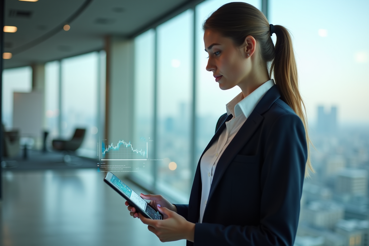 Jeune femme avec tablette affichant des projections financières