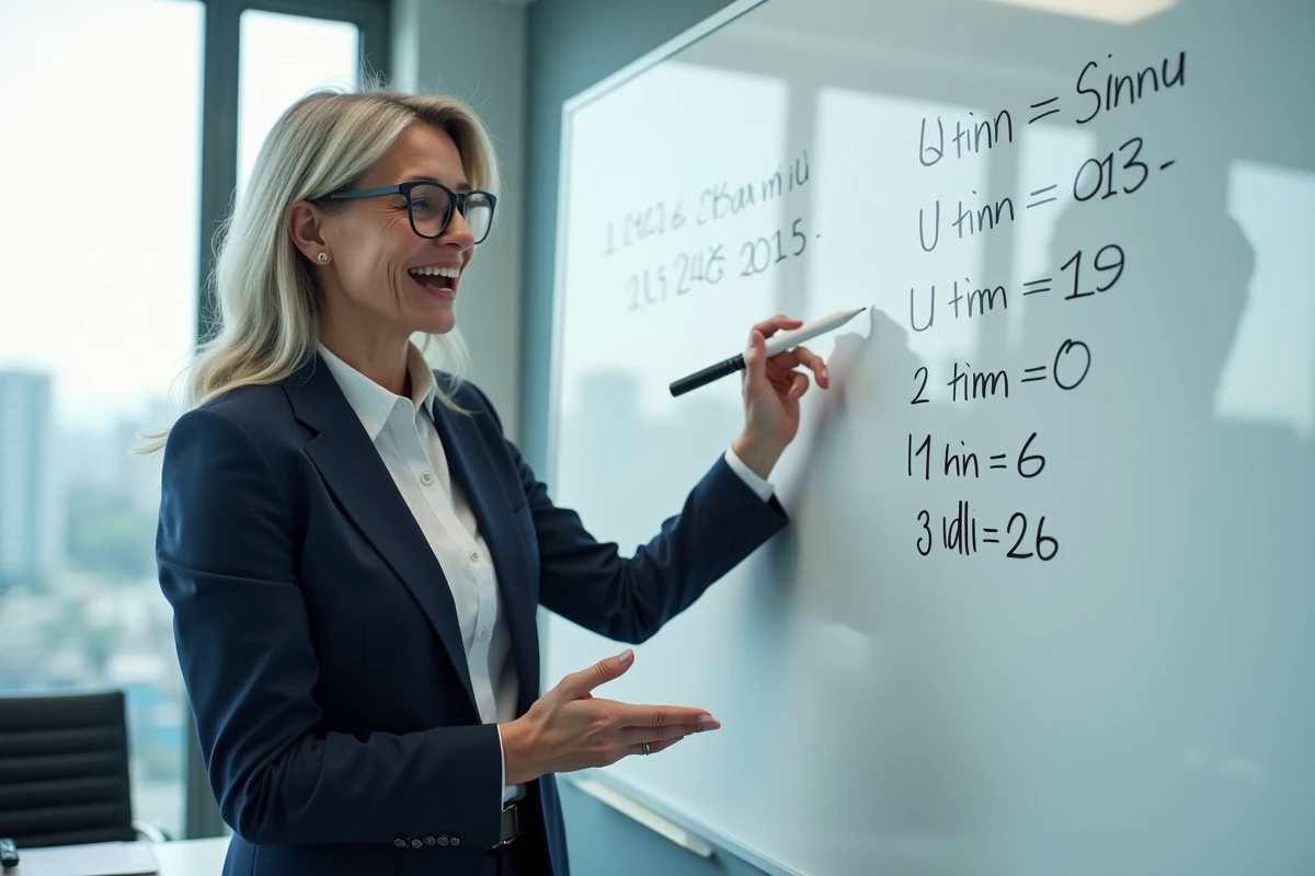 Femme en costume explique conversion de temps devant tableau blanc