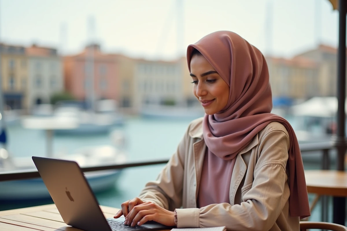 Jeune femme voilée consultant un site de calcul des horaires de prière selon son madhab dans un café de Toulon