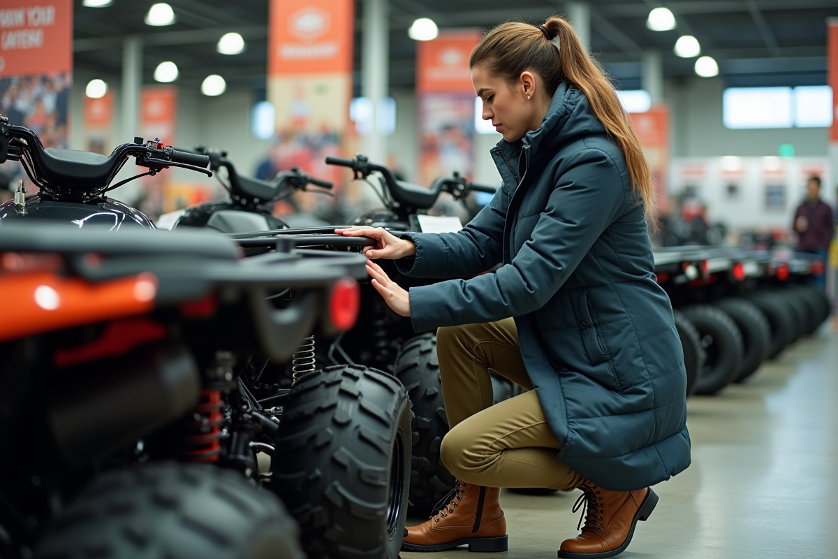 Femme inspectant la suspension d’un quad en showroom