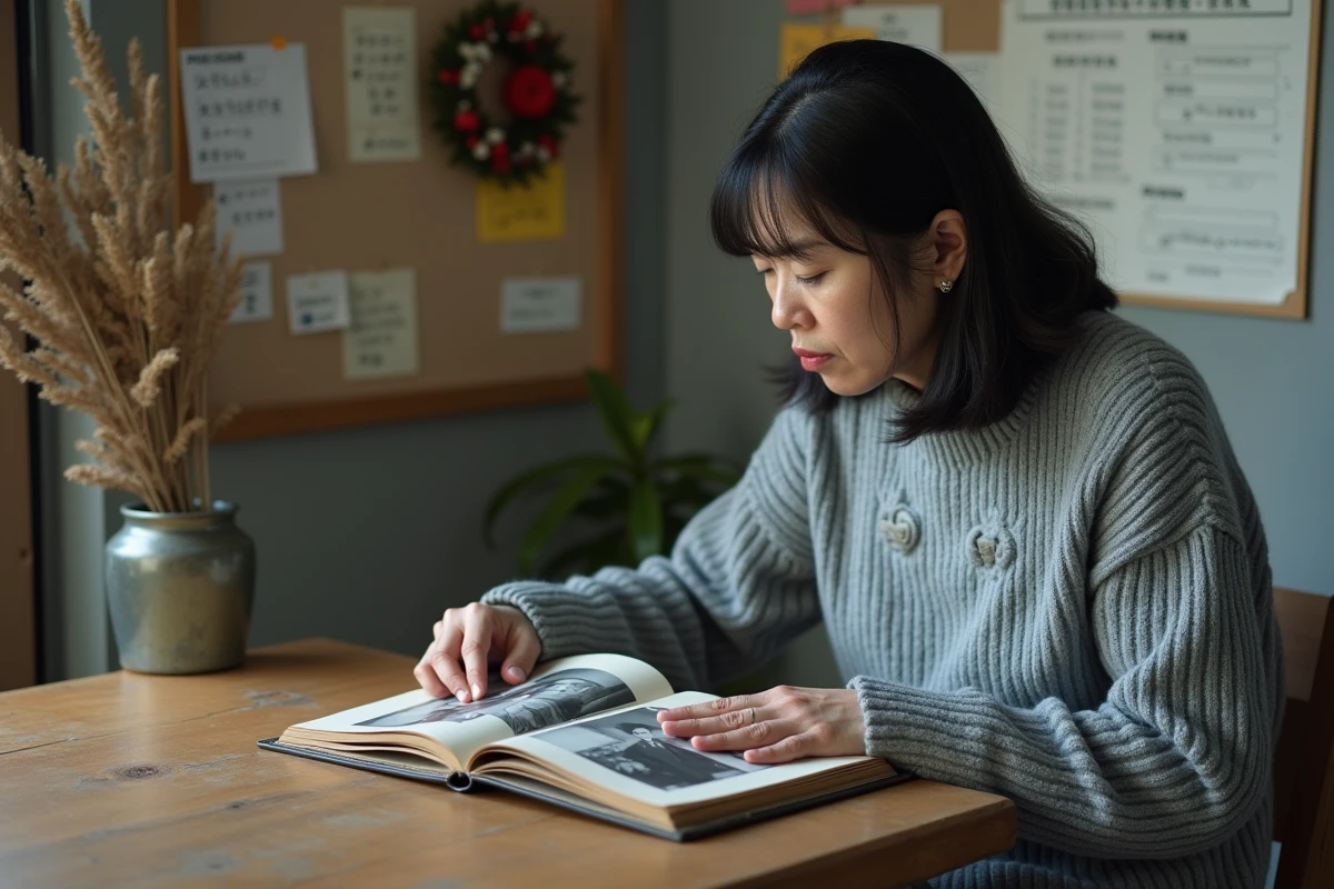 Femme japonaise consultant un album photo dans une salle mémorial communautaire après le tsunami du Tohoku