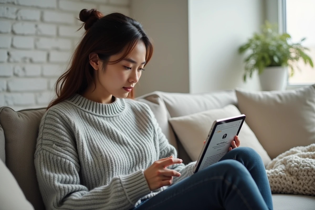 Femme lisant des scans sur une tablette avec une interface VPN visible, installée confortablement dans un salon minimaliste