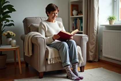 Femme d'âge moyen lisant un livre dans un salon cosy