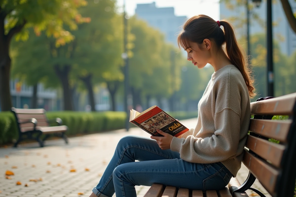 Femme lisant manga dans un parc urbain