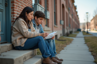 Femme et adolescent assis sur les escaliers d'un immeuble ancien