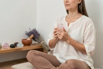 Femme en méditation tenant un quartz rose, entourée de pierres de chakra sur un coussin en lin naturel