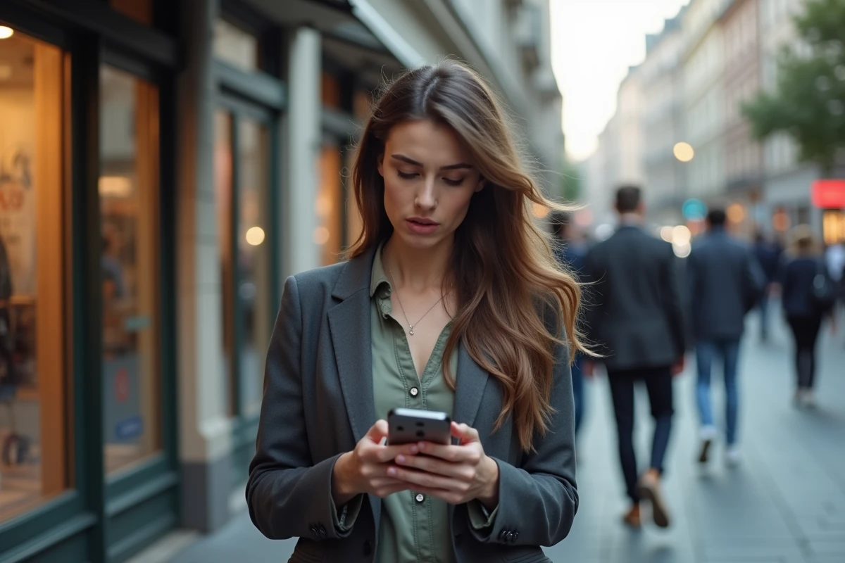 Femme perplexe regardant son téléphone dans la rue