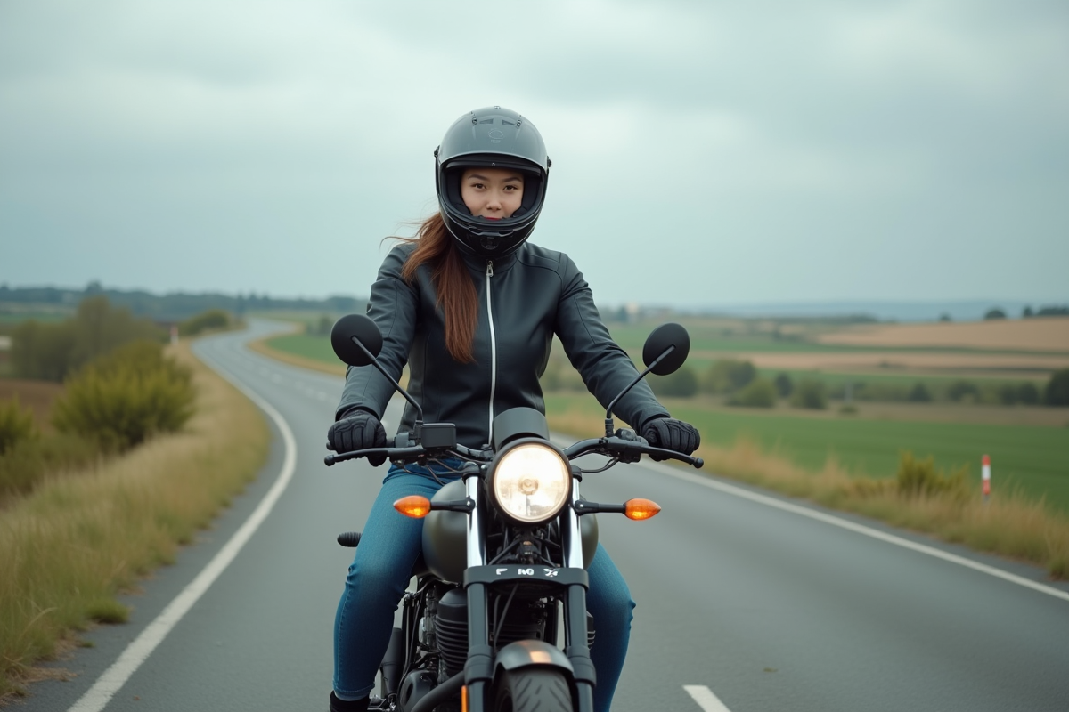 Jeune femme à moto 50cc sur route de campagne