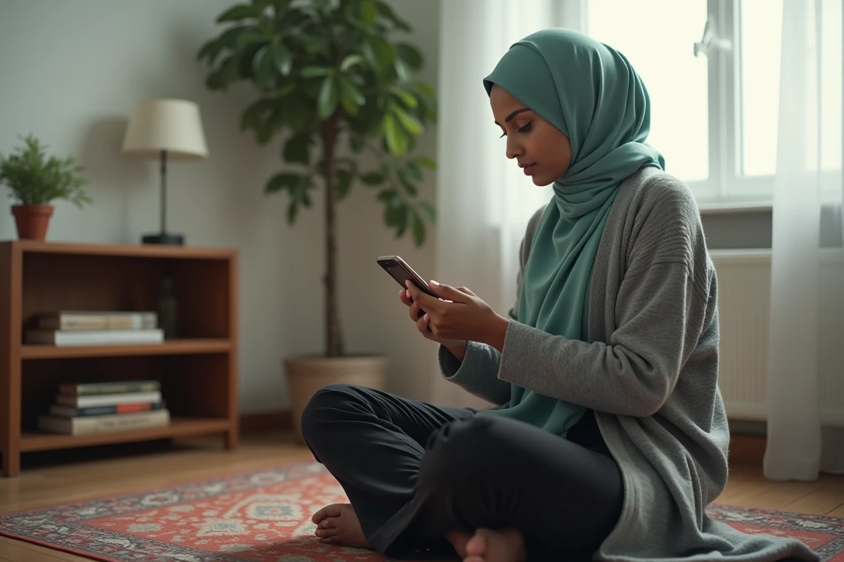 Femme musulmane consultant les horaires de prière sur son téléphone avec alerte adhan à Roubaix