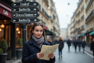 Jeune femme avec carte devant panneau parisien