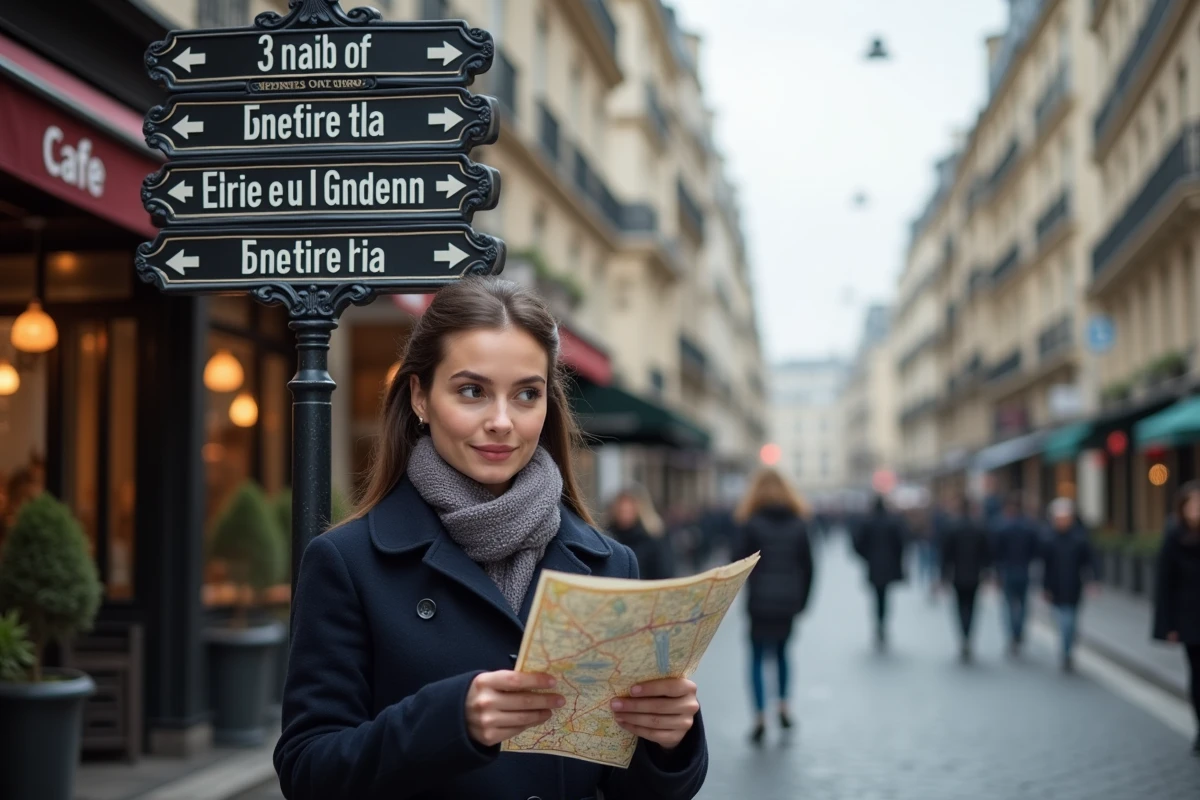 Jeune femme avec carte devant panneau parisien
