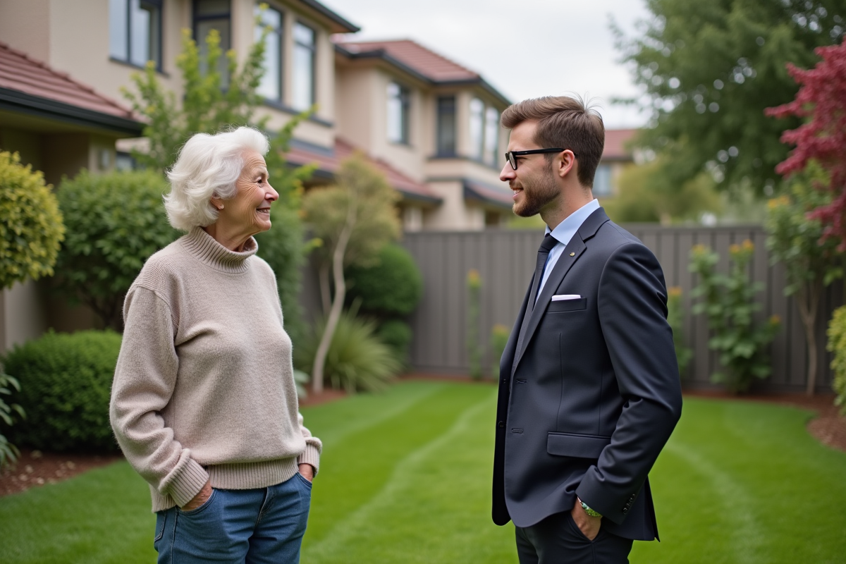 Femme en casual parle avec un promoteur immobilier dans le jardin
