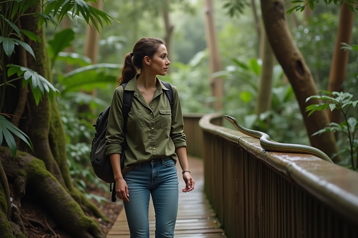 Jeune femme découvrant un serpent vert dans la forêt tropicale