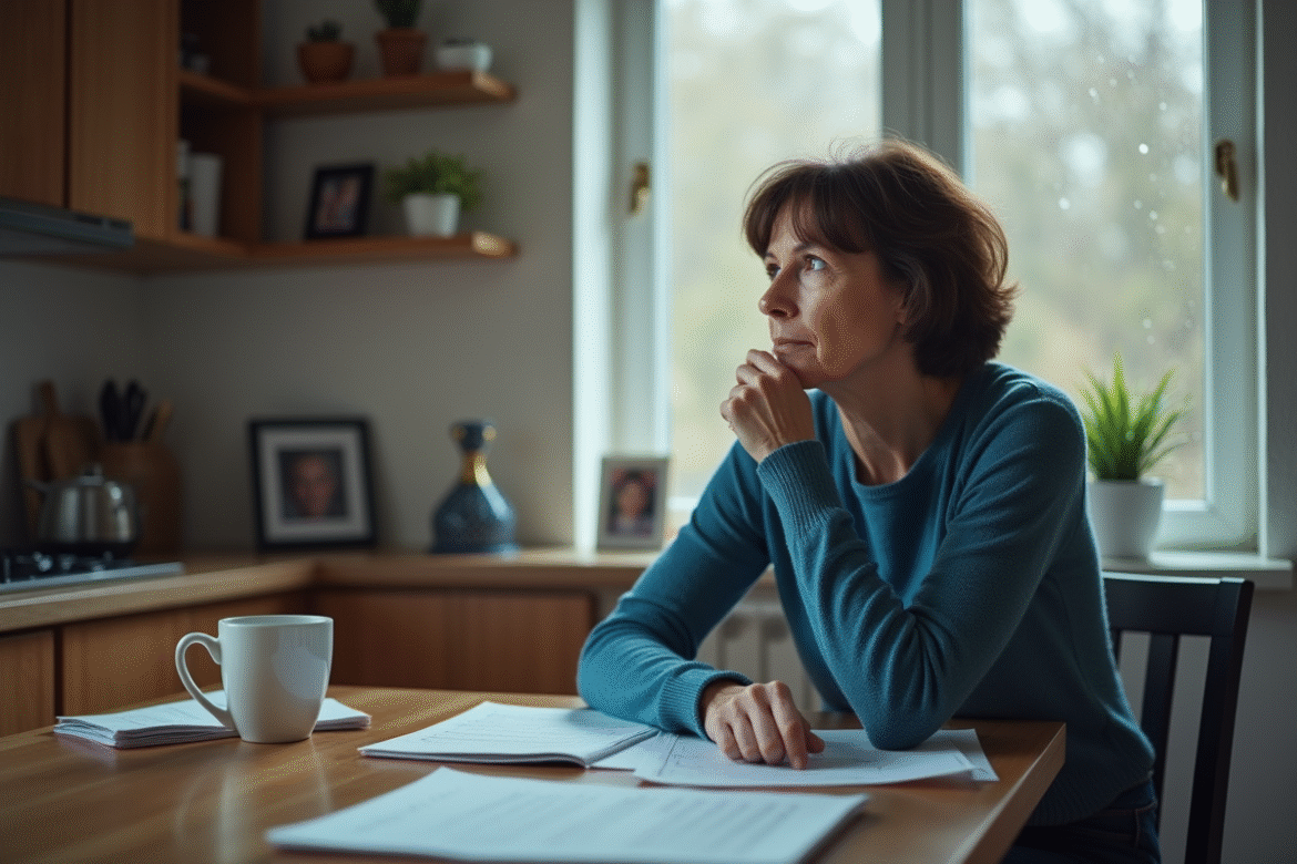 Femme réfléchie dans la cuisine avec documents d'adoption