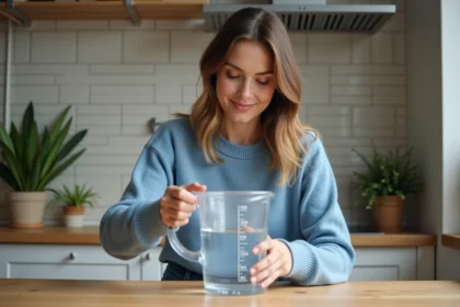 Jeune femme remplissant un grand conteneur d'eau dans la cuisine