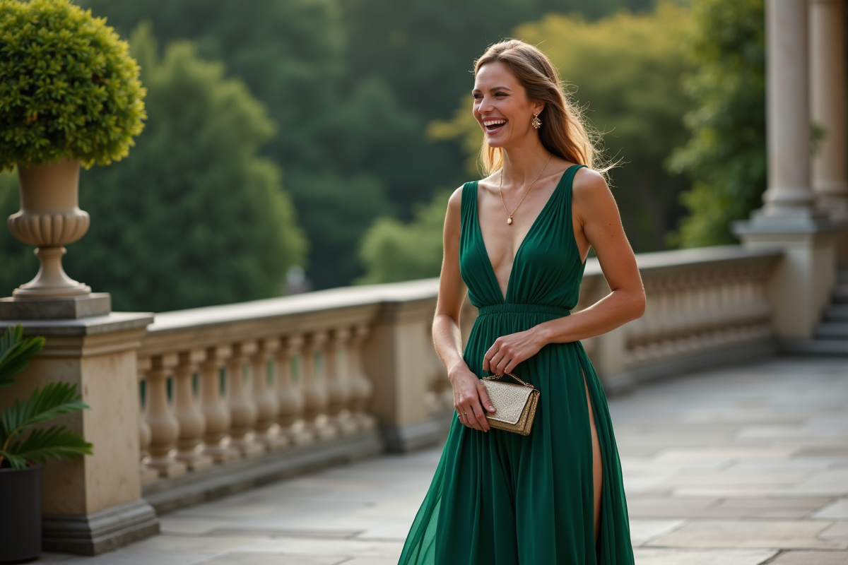 Femme en robe verte ajustant son sac lors d