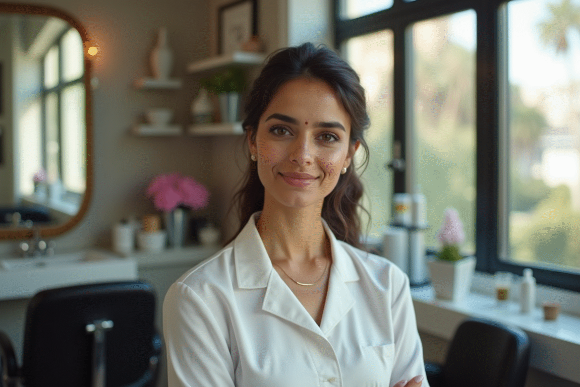 Femme confiante dans un salon de beauté lumineux