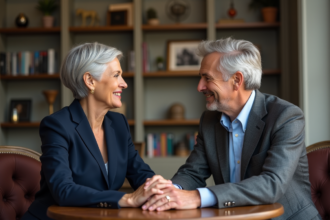 Femme d'âge moyen en costume navy dans un salon parisien