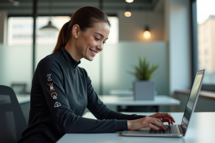 Jeune femme examine capteurs dans sa veste sportive moderne